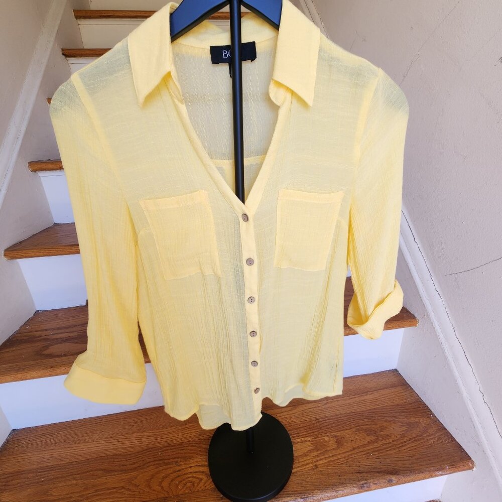 Women’s Yellow Button-Down Blouse Size S Small Lightweight Sheer Top